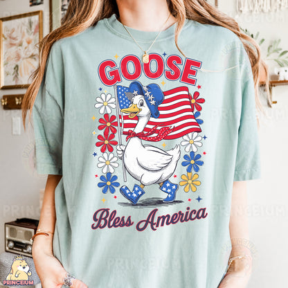 a woman wearing a goose t - shirt with an american flag on it