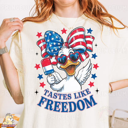 a woman wearing a t - shirt that says tastes like freedom