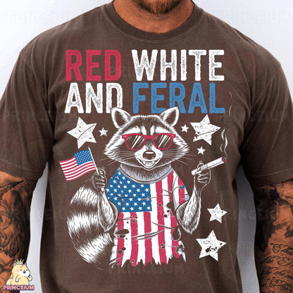 a man wearing a brown shirt with a raccoon and american flag on it
