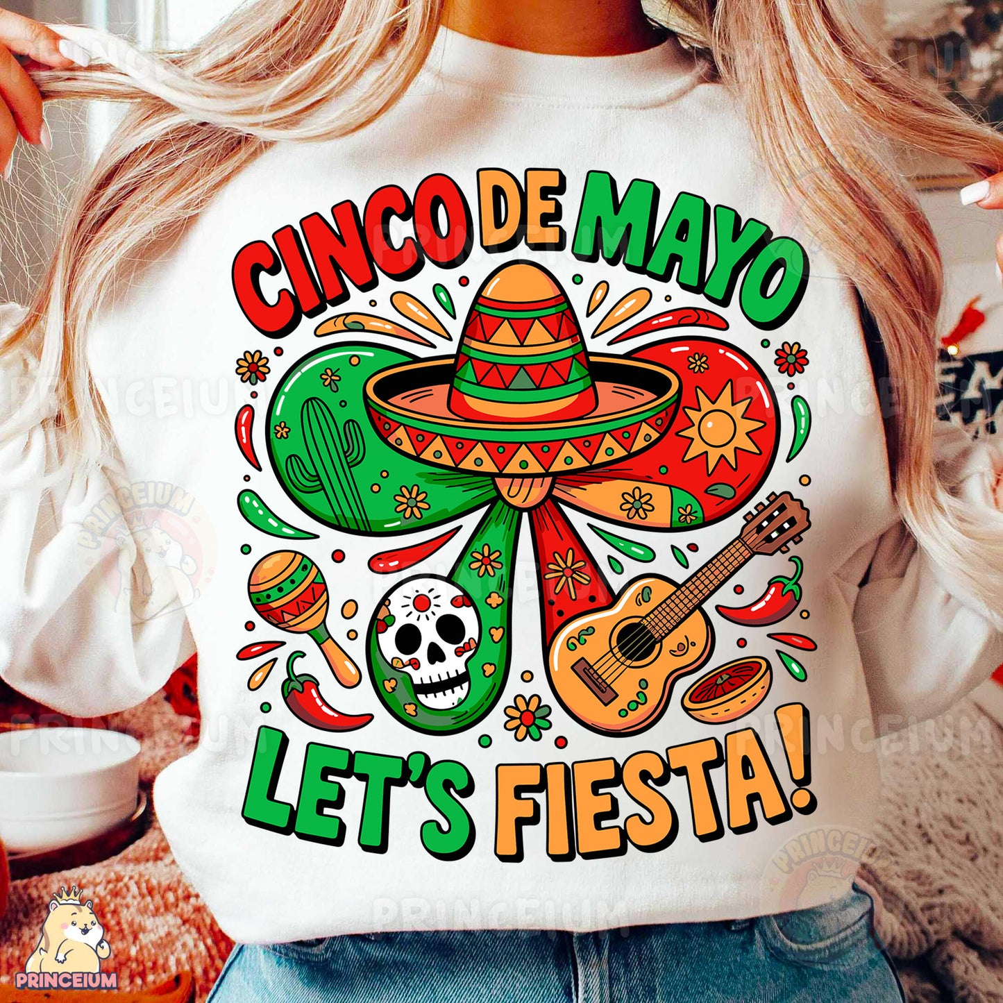 a woman wearing a white shirt that says cinco de mayo let's fiesta