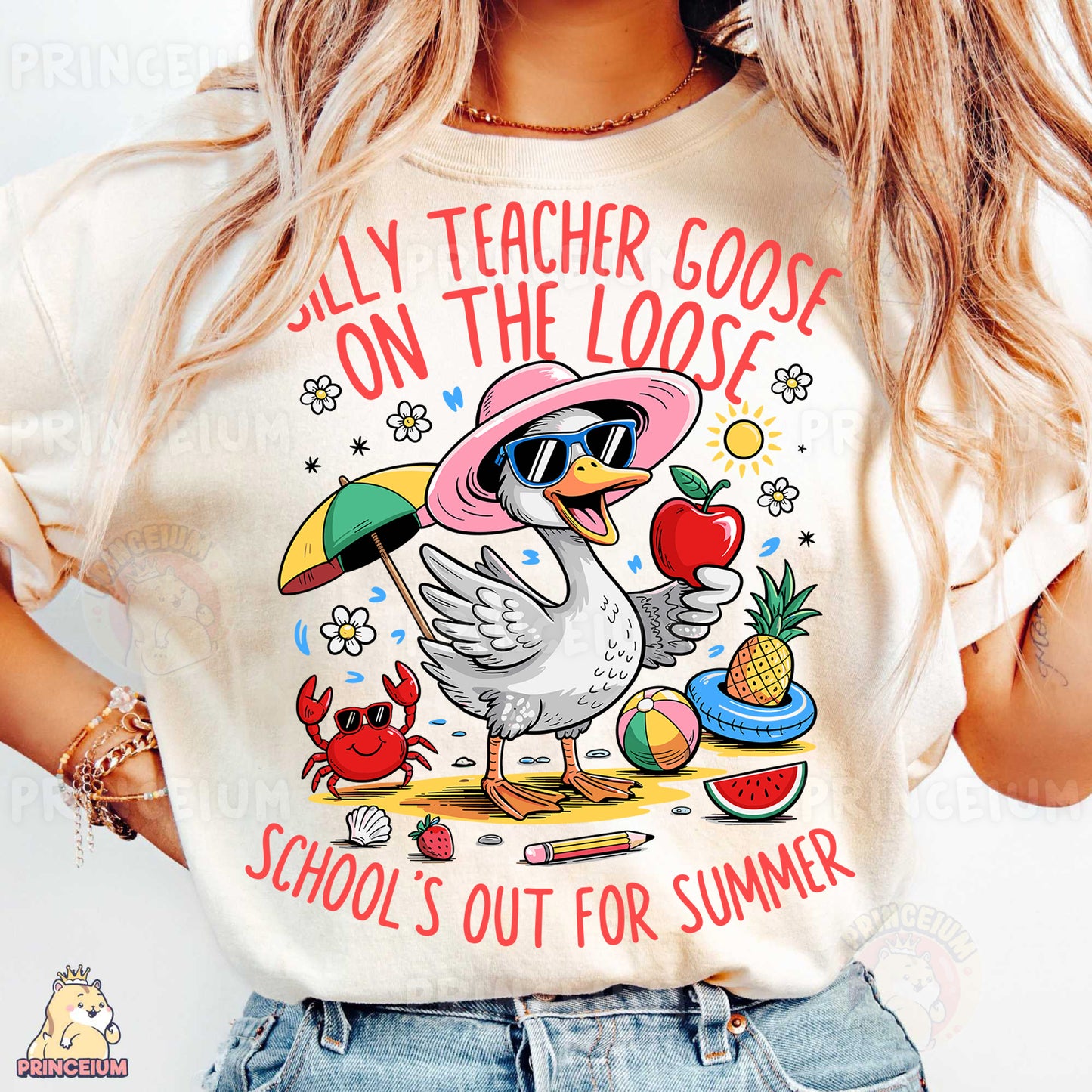 a woman wearing a t - shirt that says, silly teacher goose on the loose