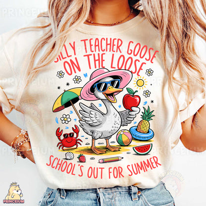 a woman wearing a t - shirt that says, silly teacher goose on the loose