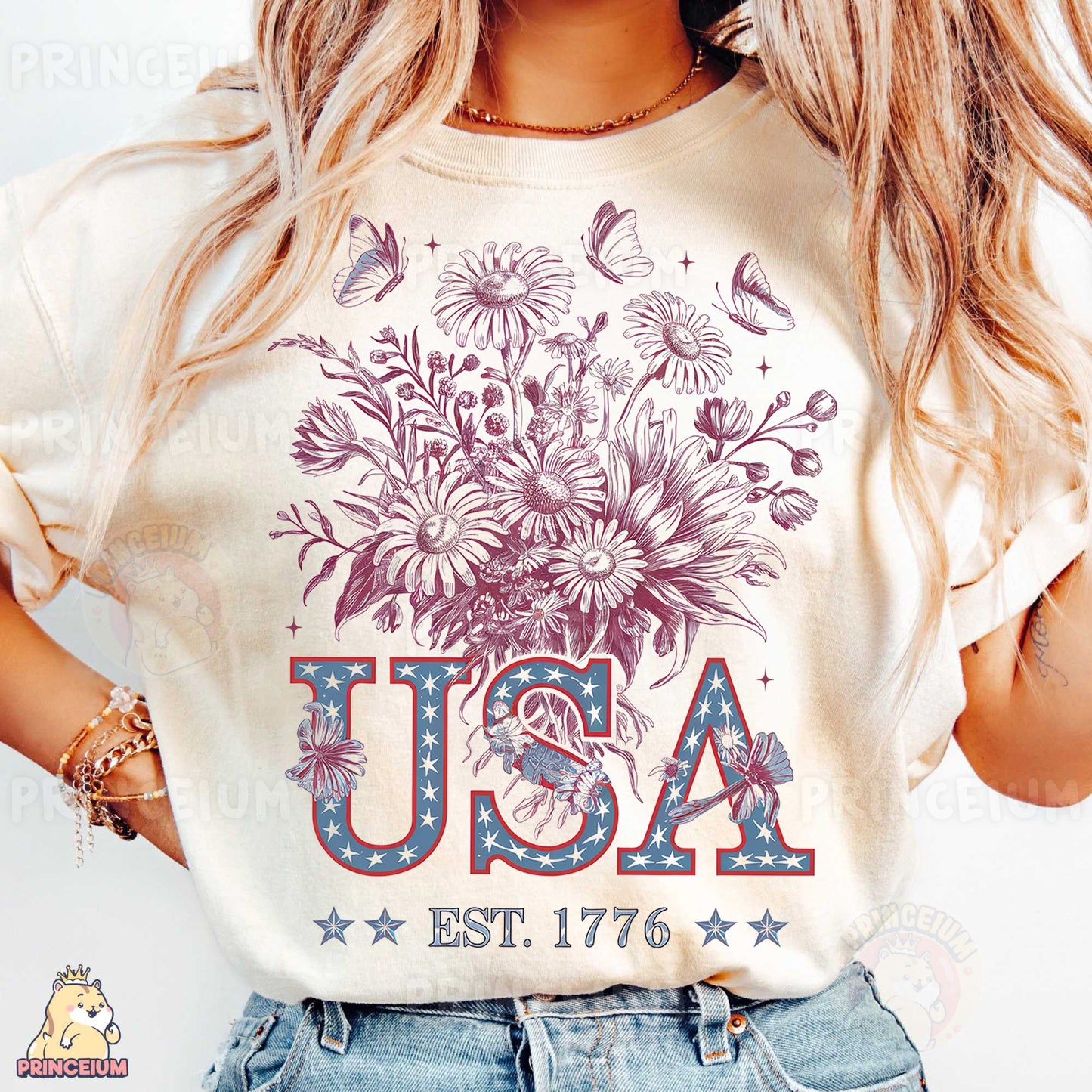 a woman wearing a usa t - shirt with flowers on it