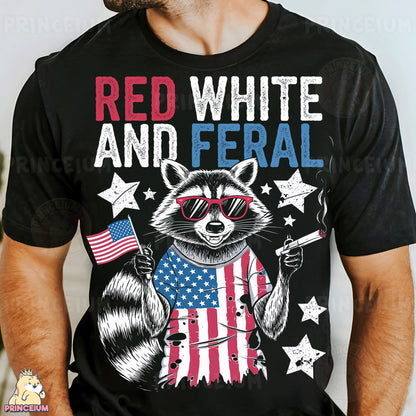 a man wearing a red, white and fe ral t - shirt
