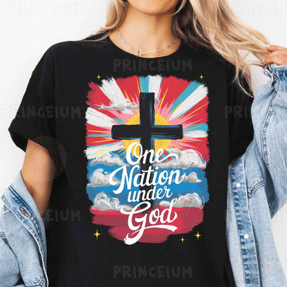 a woman wearing a black t - shirt with a cross on it