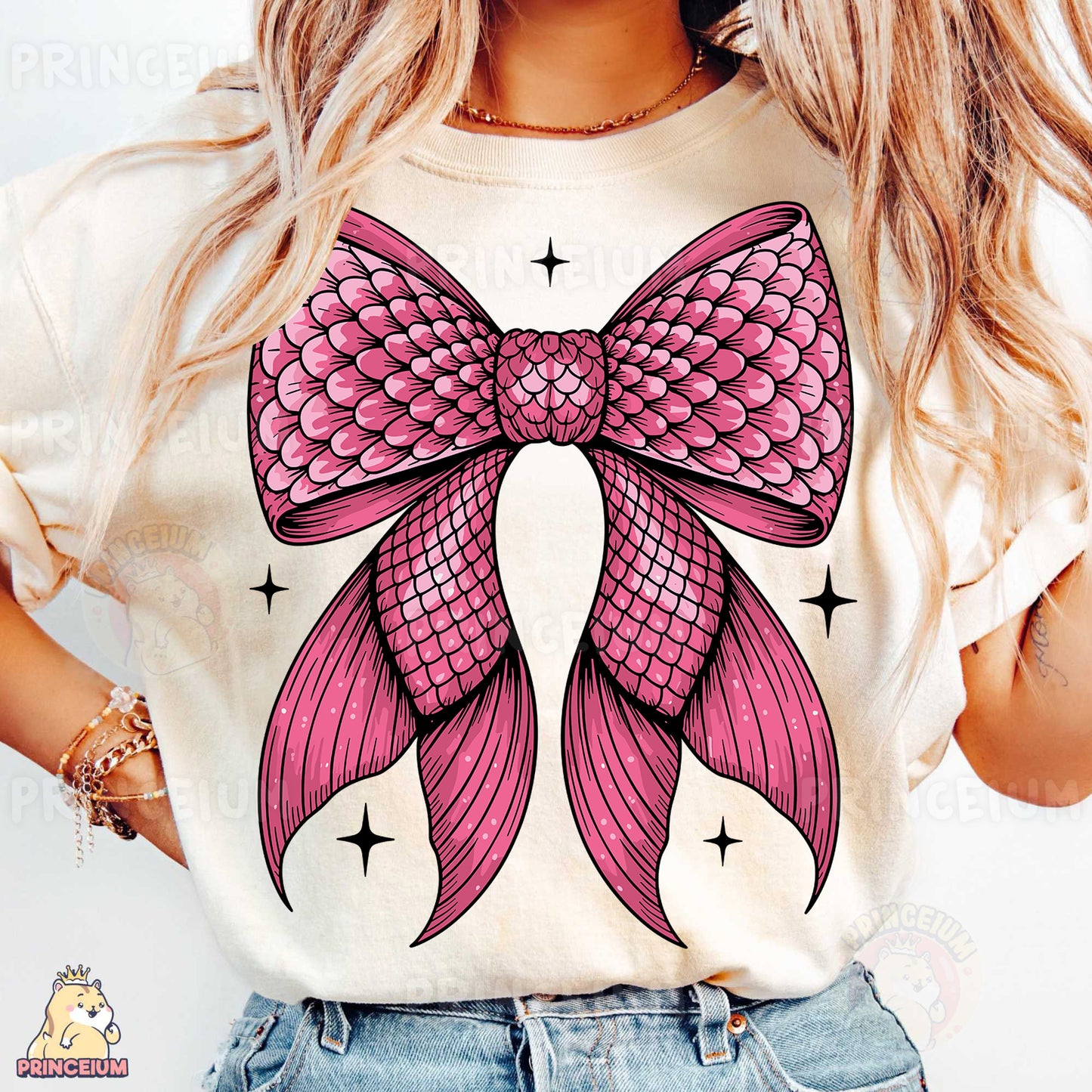 a woman wearing a t - shirt with a pink bow on it