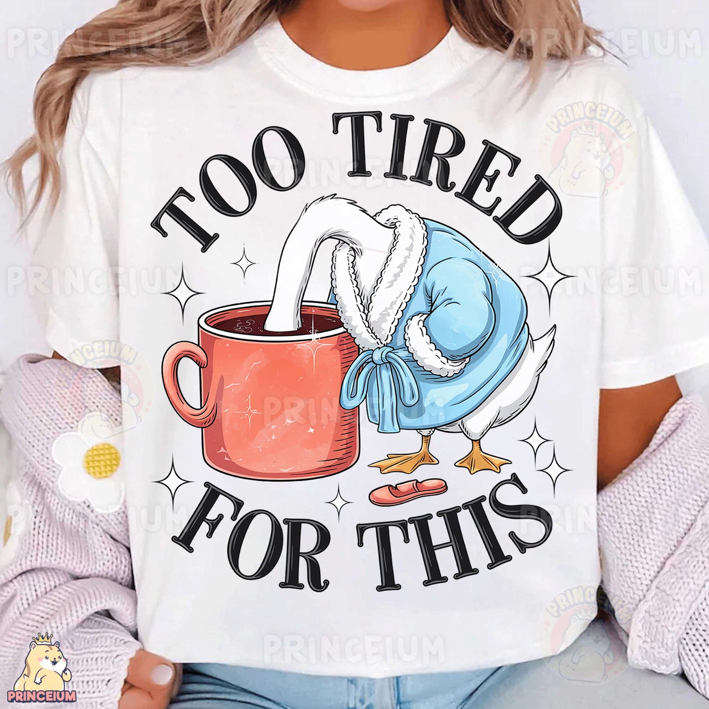 a woman wearing a t - shirt that says too tired for this