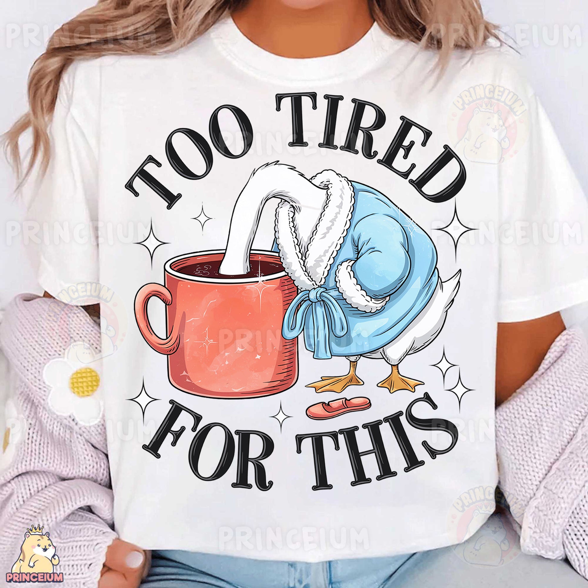 a woman wearing a t - shirt that says too tired for this