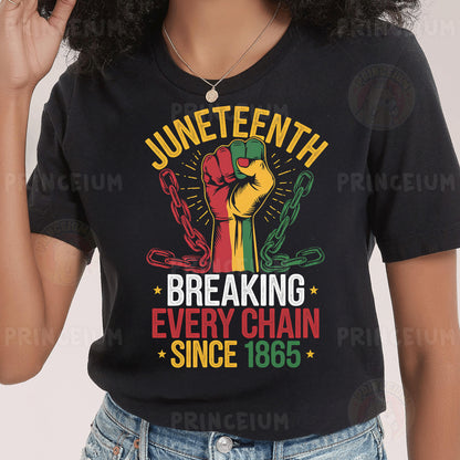 a woman wearing a black t - shirt with the words juneteeth breaking every