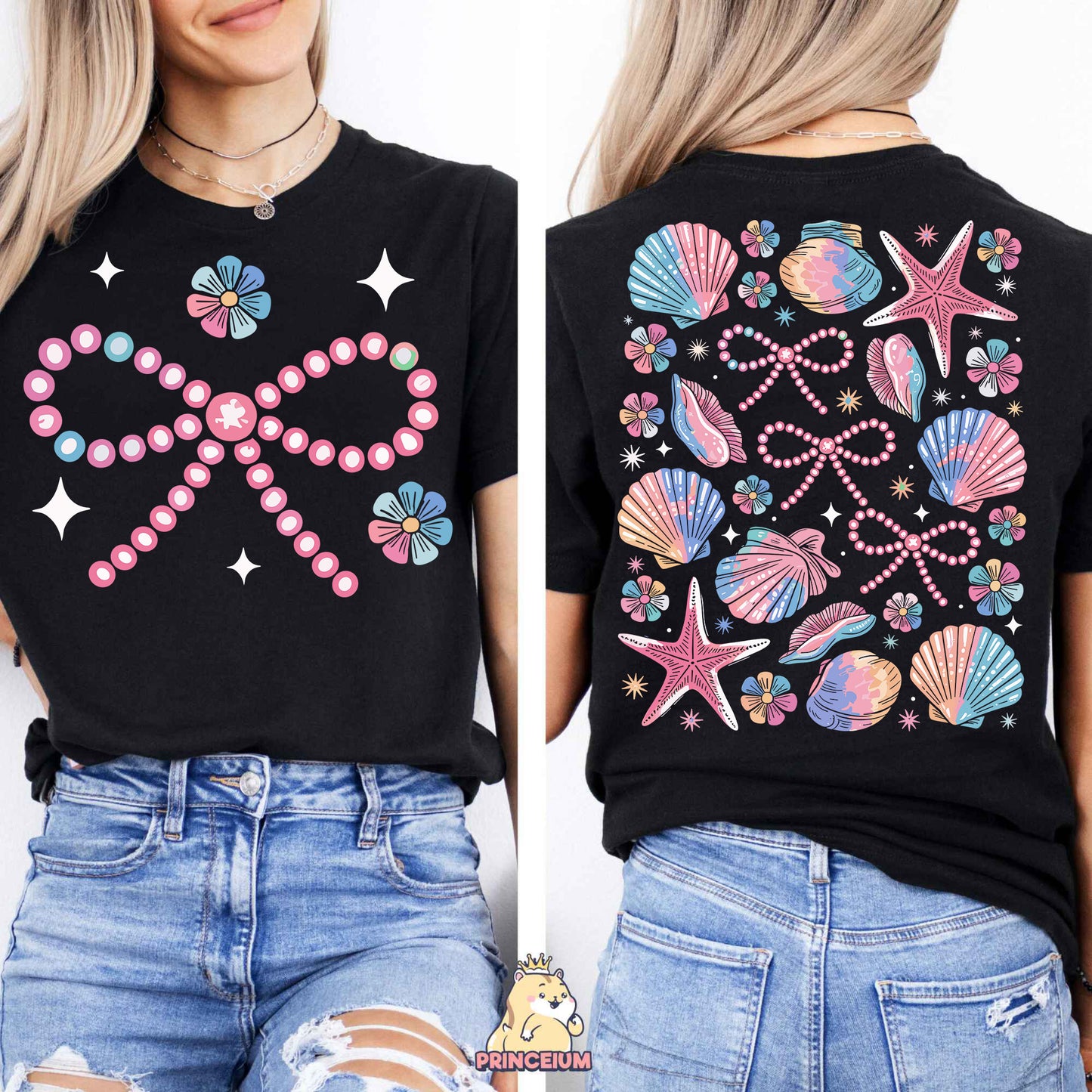 a woman wearing a black t - shirt with colorful seashells on it
