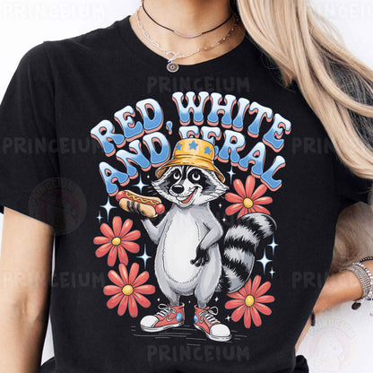 a woman wearing a red white and blue raccoon t - shirt