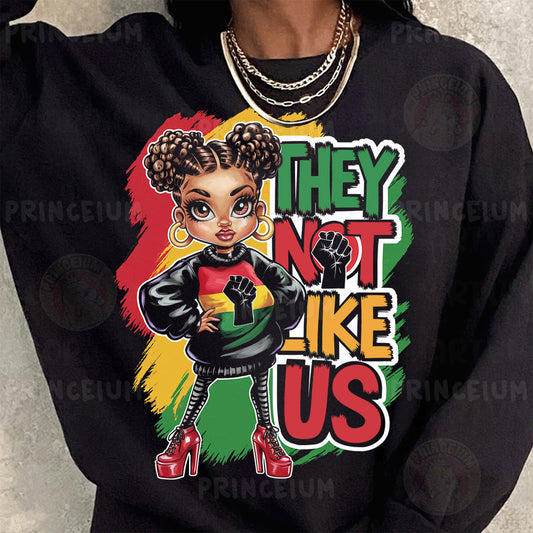 a woman wearing a black sweatshirt with the words they not like us printed on it