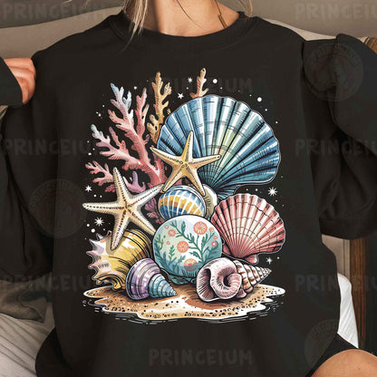 a woman wearing a black shirt with seashells and starfish on it