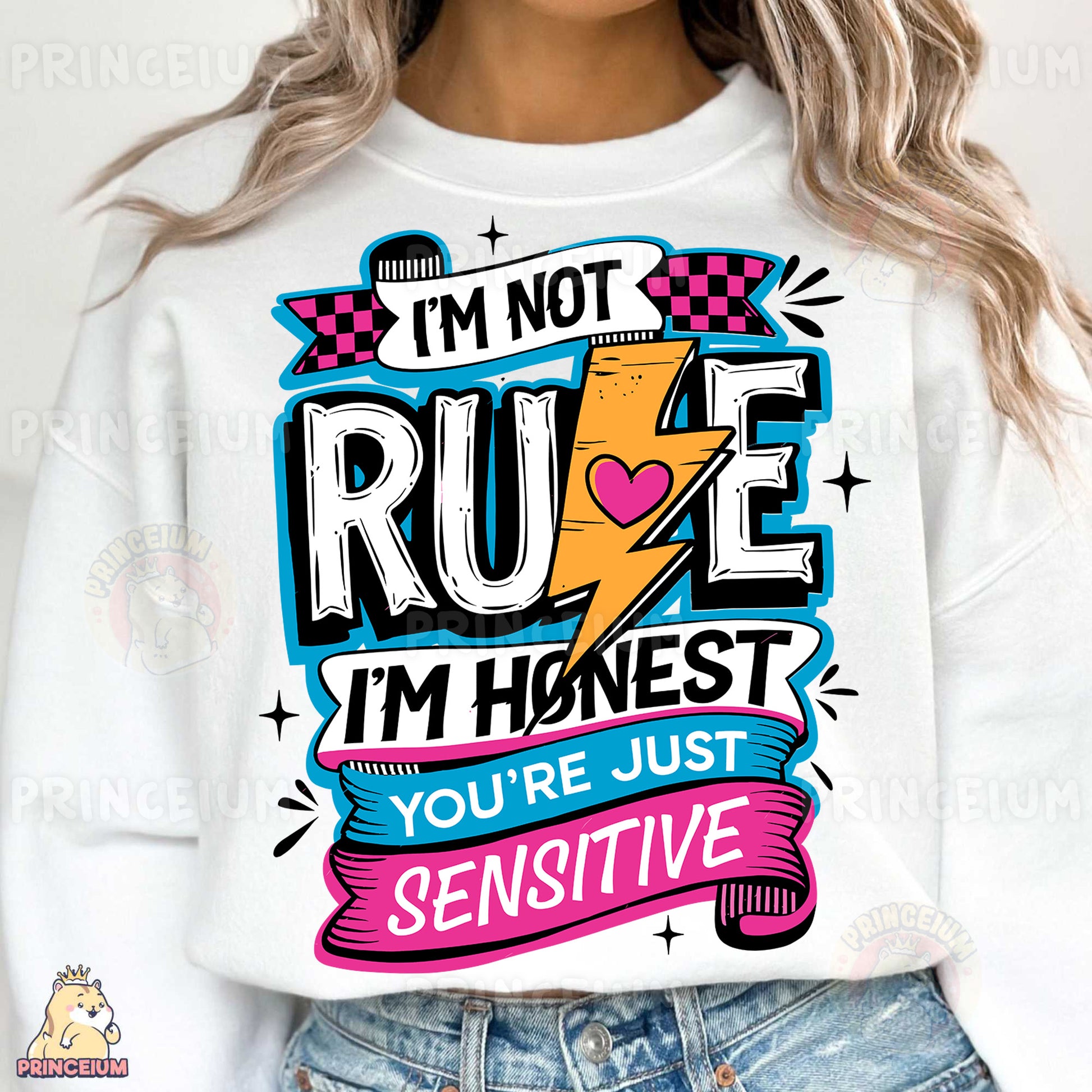 a woman wearing a white sweatshirt with a graphic on it