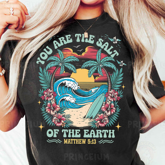 a woman wearing a black shirt with a surfboard and palm trees