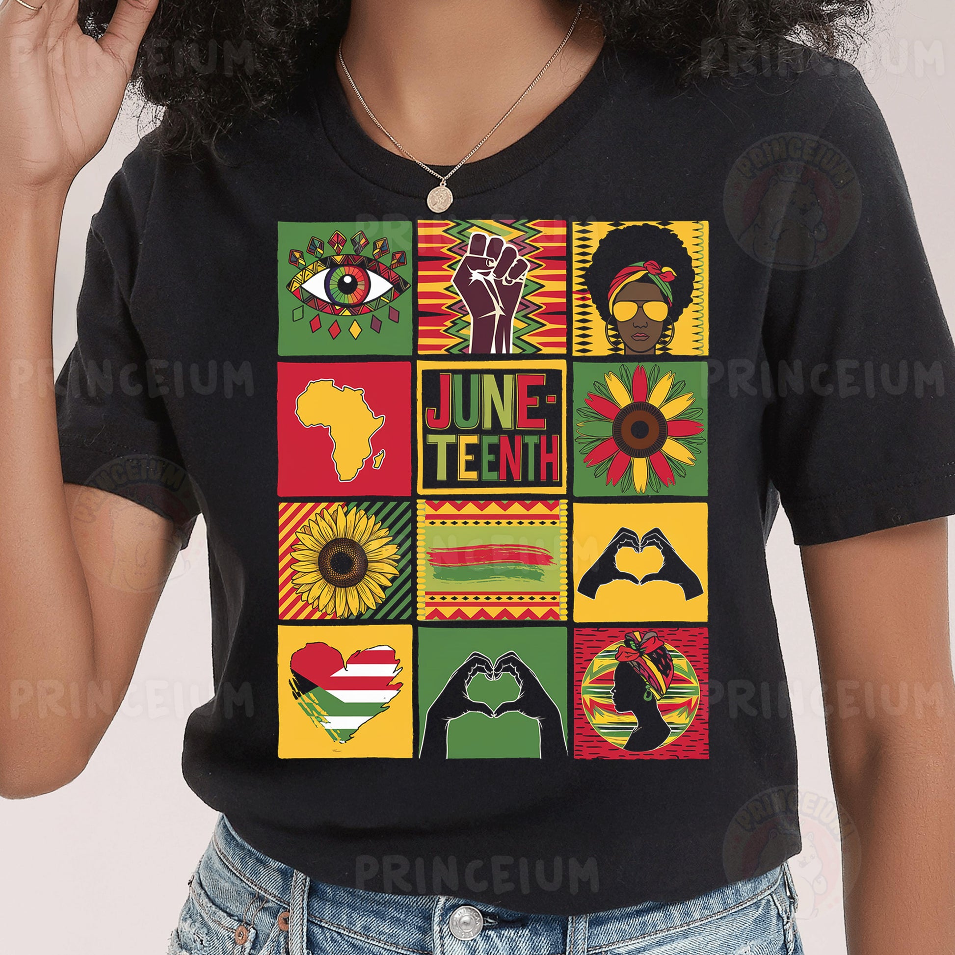 a woman wearing a black t - shirt with different images on it