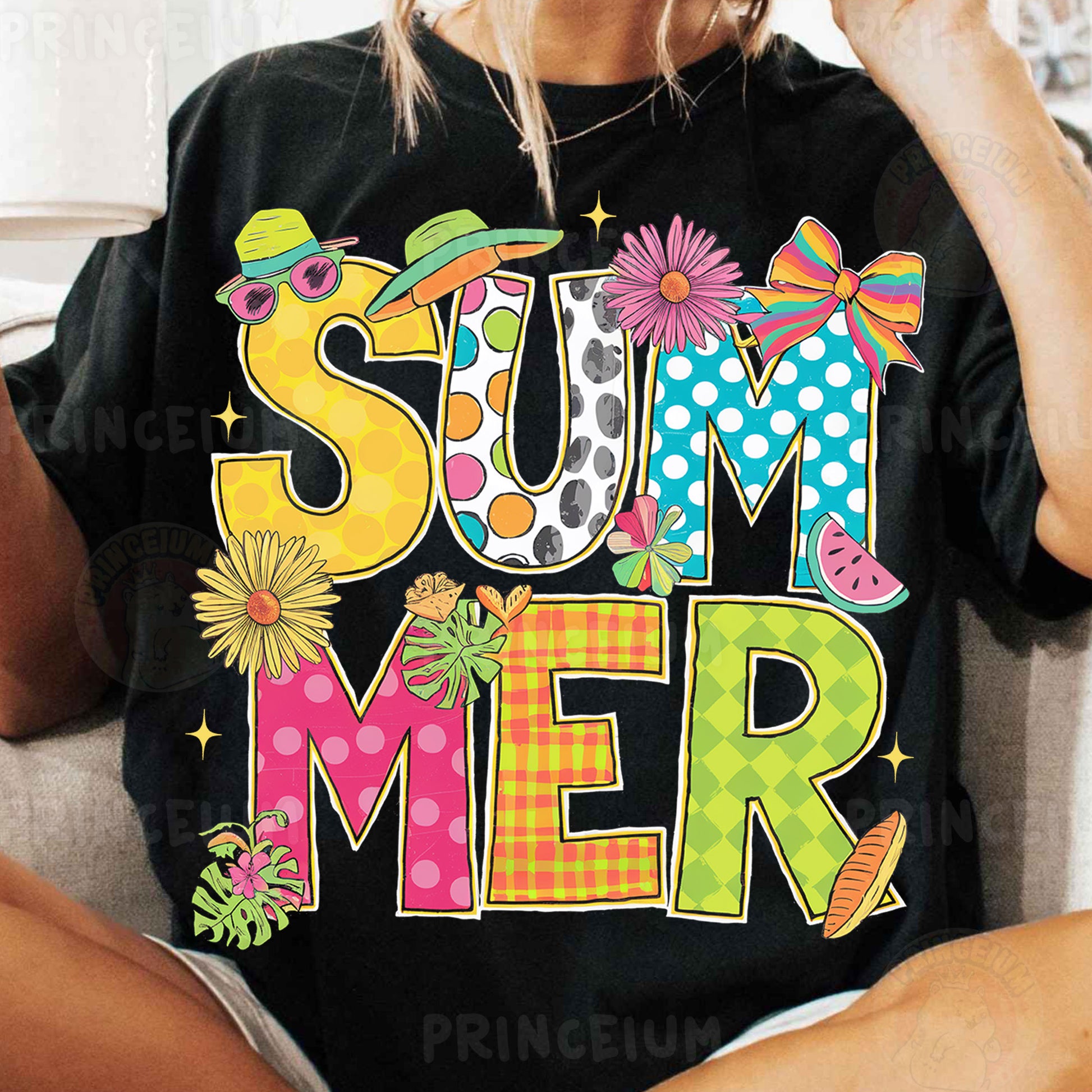a woman sitting on a couch wearing a shirt that says summer