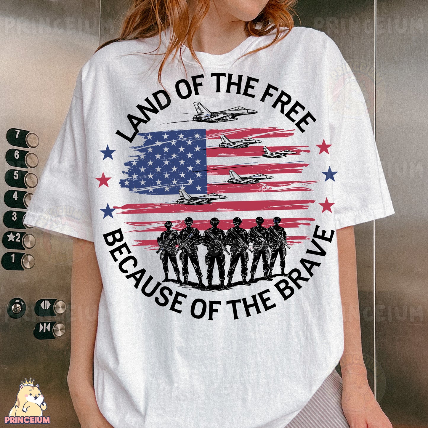 a woman wearing a t - shirt that says land of the free because of the