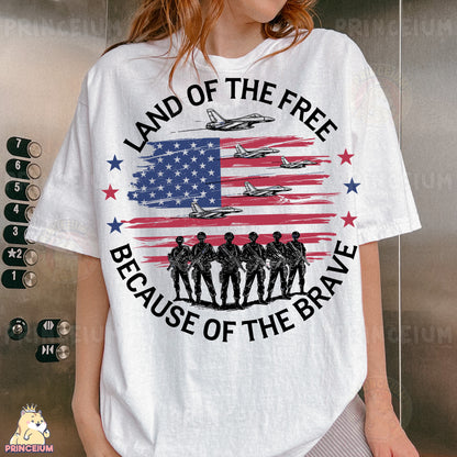 a woman wearing a t - shirt that says land of the free because of the