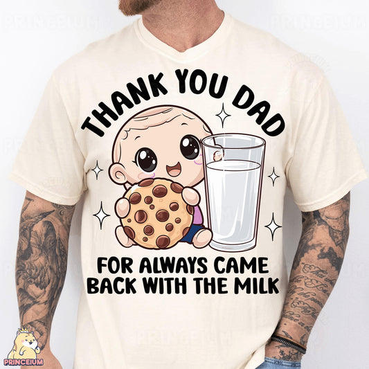 a man wearing a t - shirt that says thank you dad for always came back