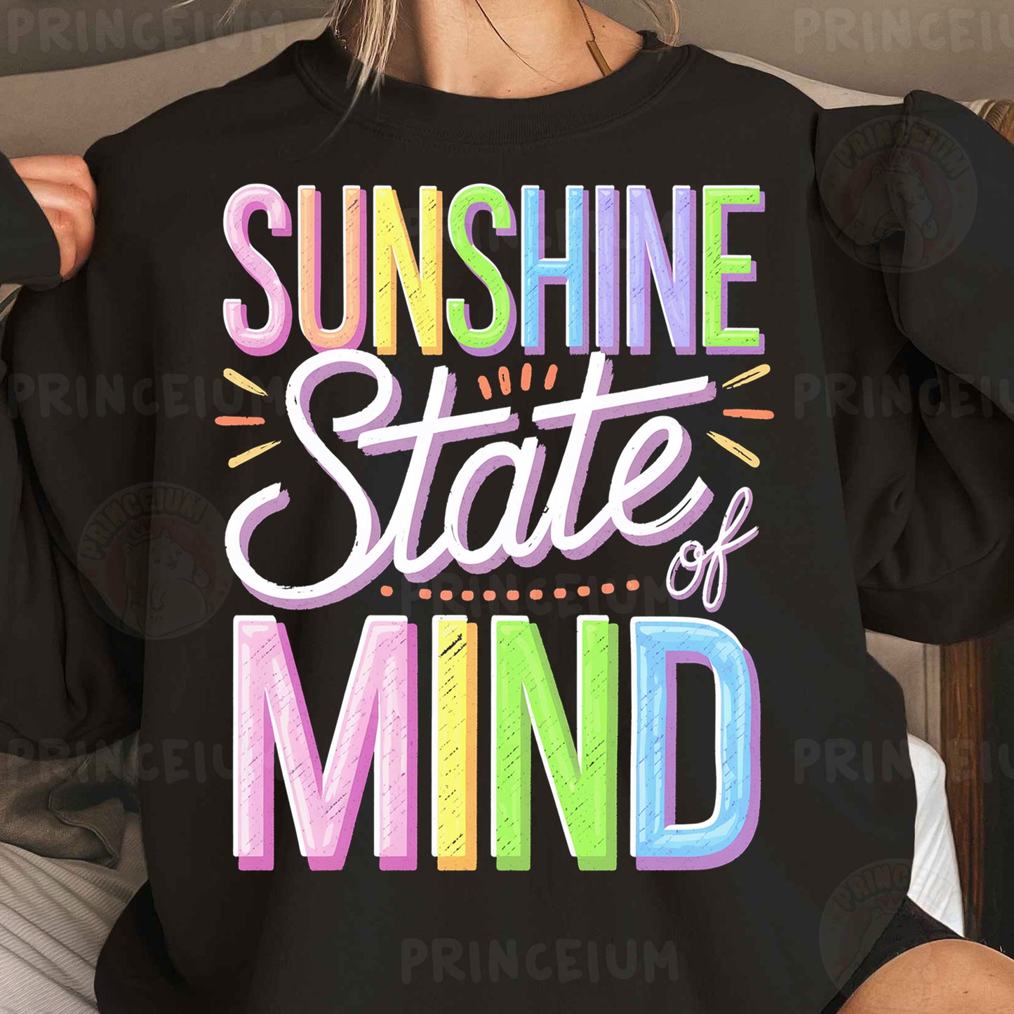 a woman wearing a black sweatshirt that says sunshine state of mind