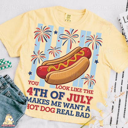 a yellow shirt with a hot dog on it
