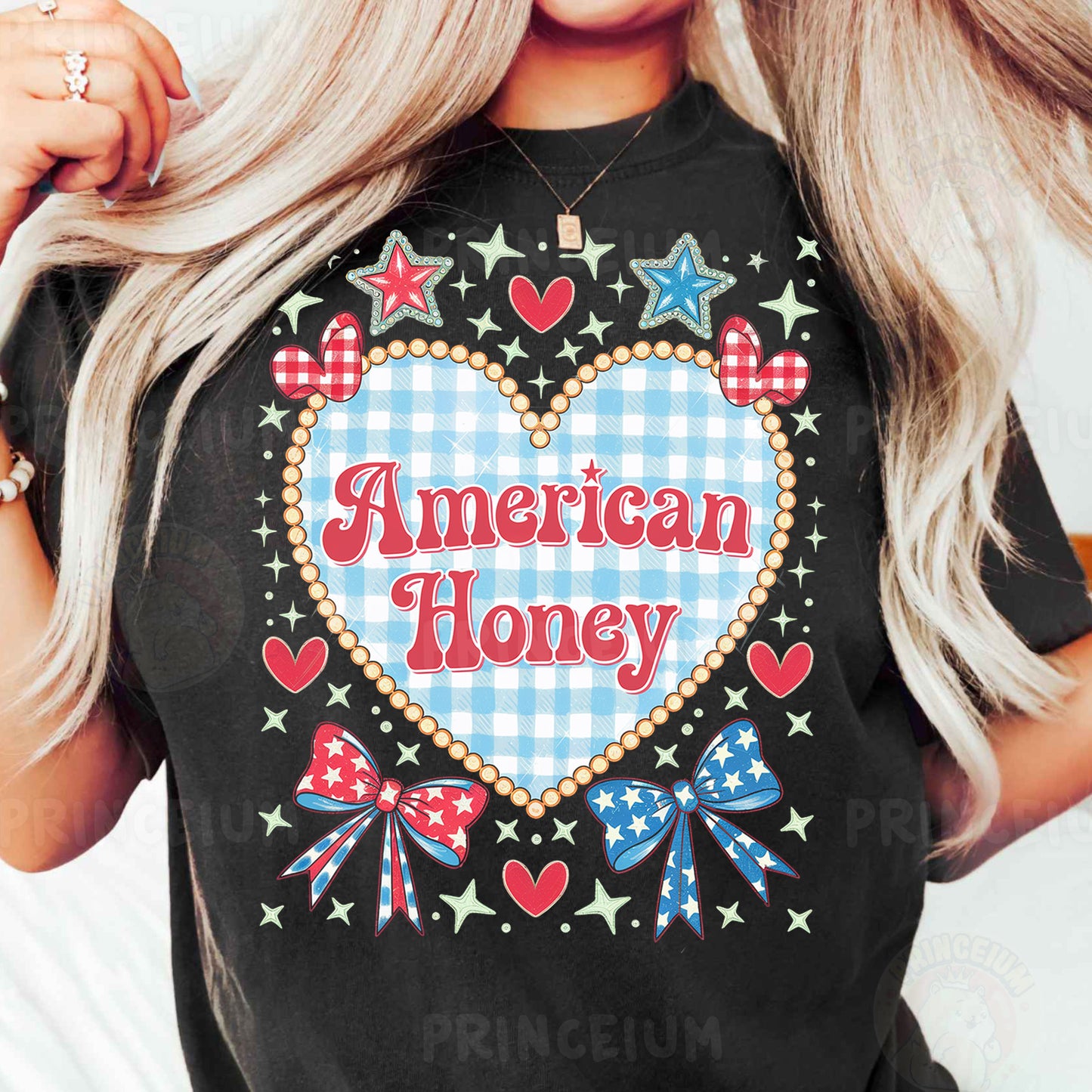 a woman wearing a black american honey t - shirt