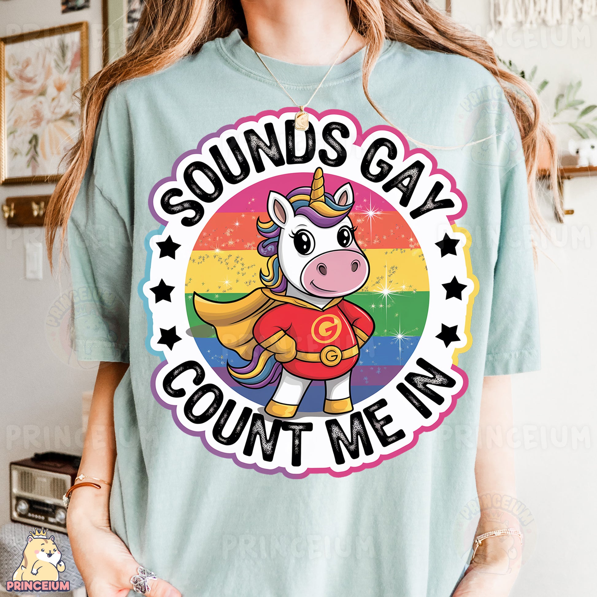 a woman wearing a t - shirt that says, sounds gay count me in