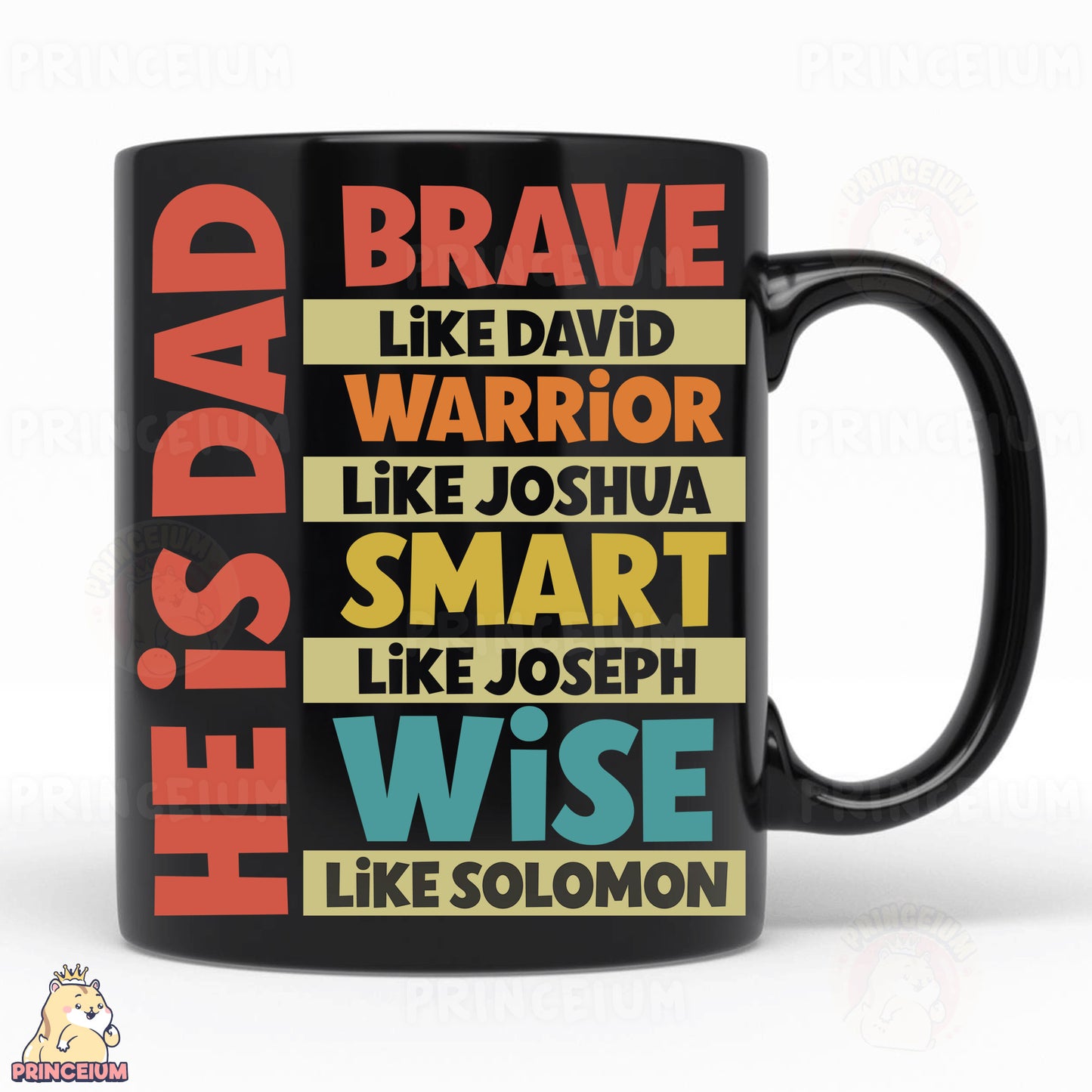 a black coffee mug with a bunch of different words on it