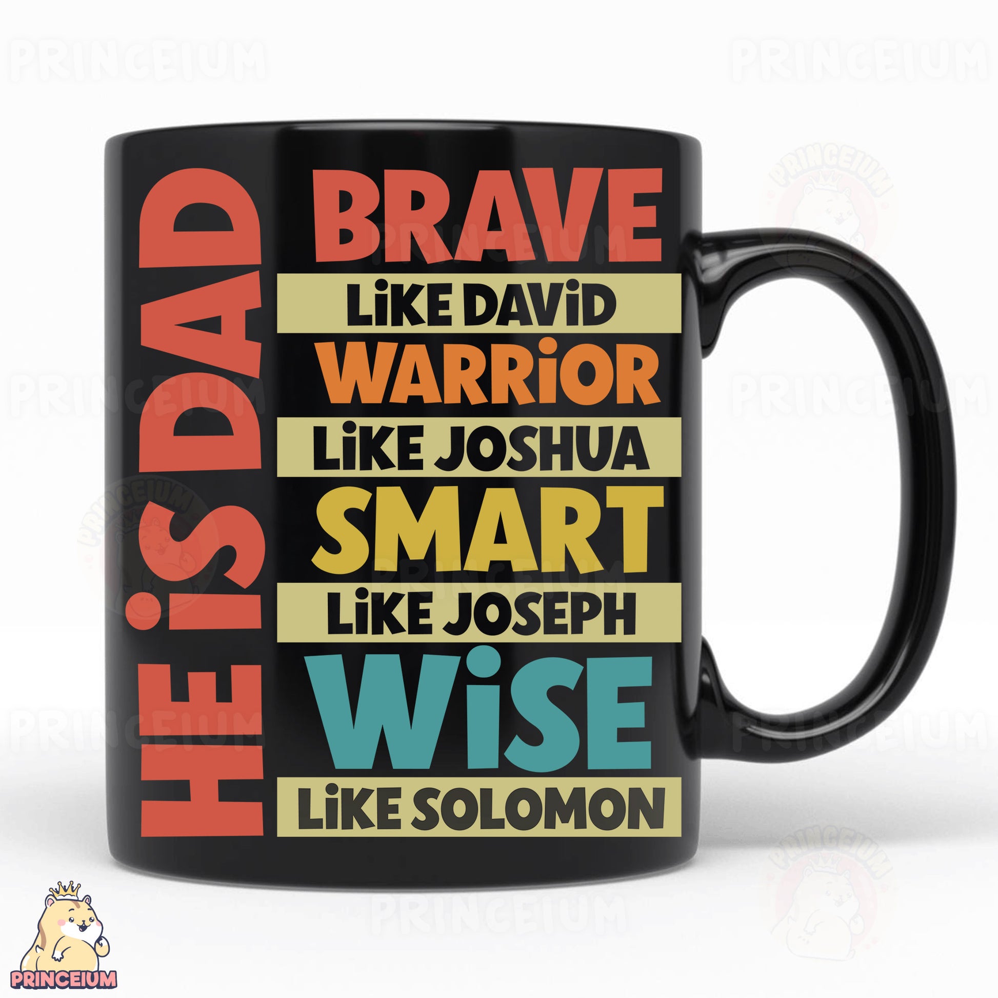 a black coffee mug with a bunch of different words on it