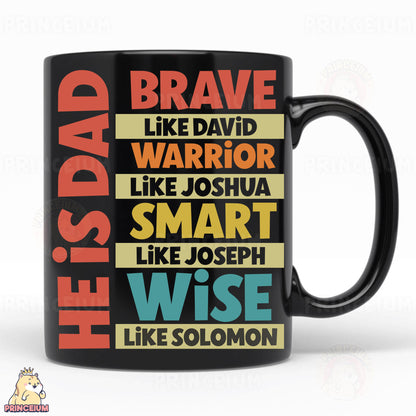 a black coffee mug with a bunch of different words on it