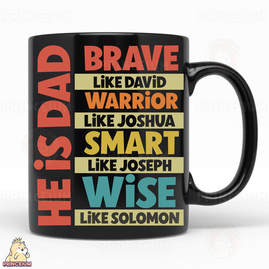 a black coffee mug with a bunch of different words on it