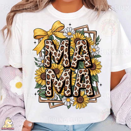a woman wearing a white t - shirt with sunflowers and leopard print