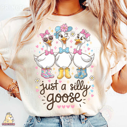 a woman wearing a t - shirt that says just a silly goose