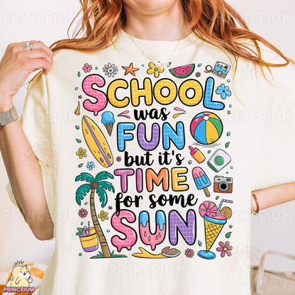 a woman wearing a t - shirt that says school was fun but it's