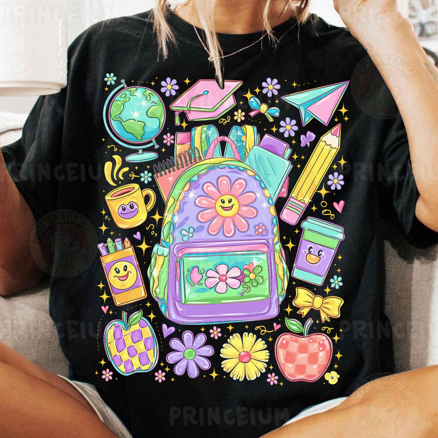 a woman sitting on a couch with a backpack on her back