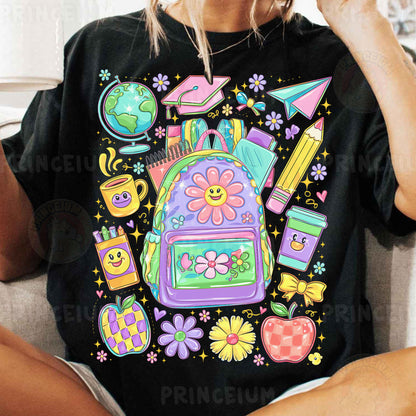 a woman sitting on a couch with a backpack on her back