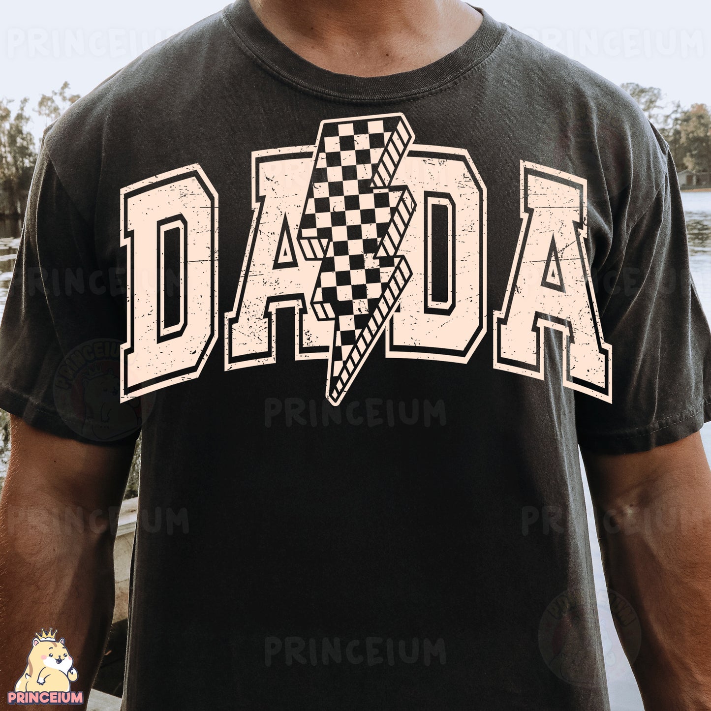 a man wearing a black shirt with a checkered design on it
