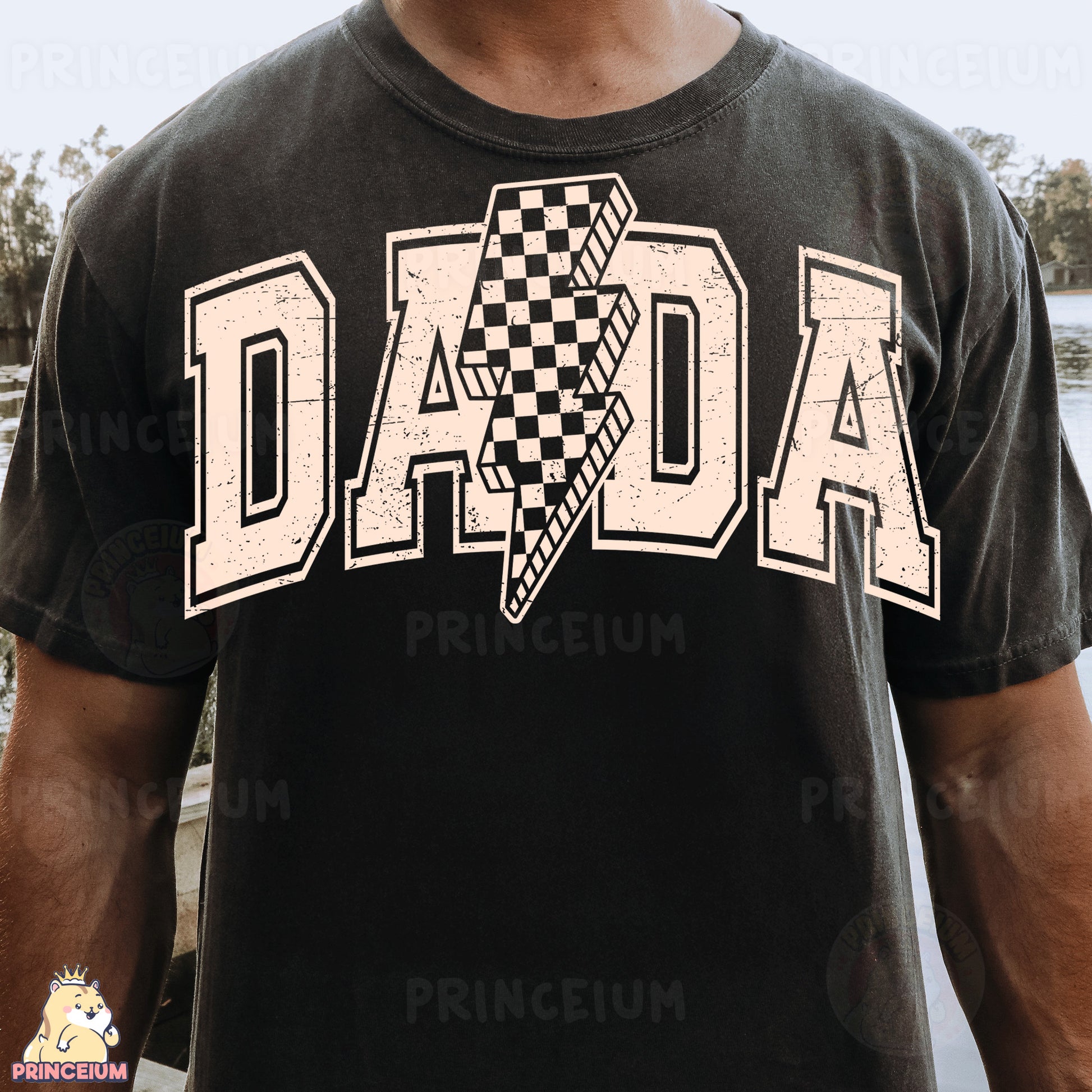 a man wearing a black shirt with a checkered design on it