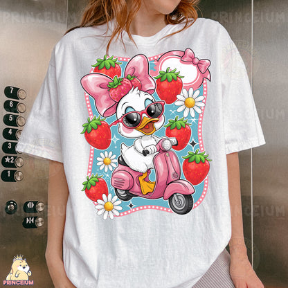 a woman wearing a t - shirt with a cartoon character on it