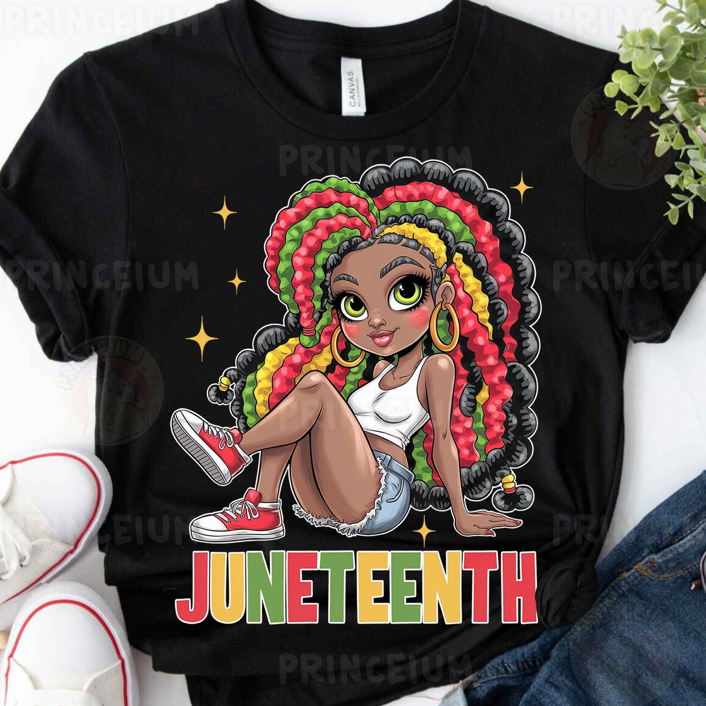 a black t - shirt with an image of a girl with colorful hair