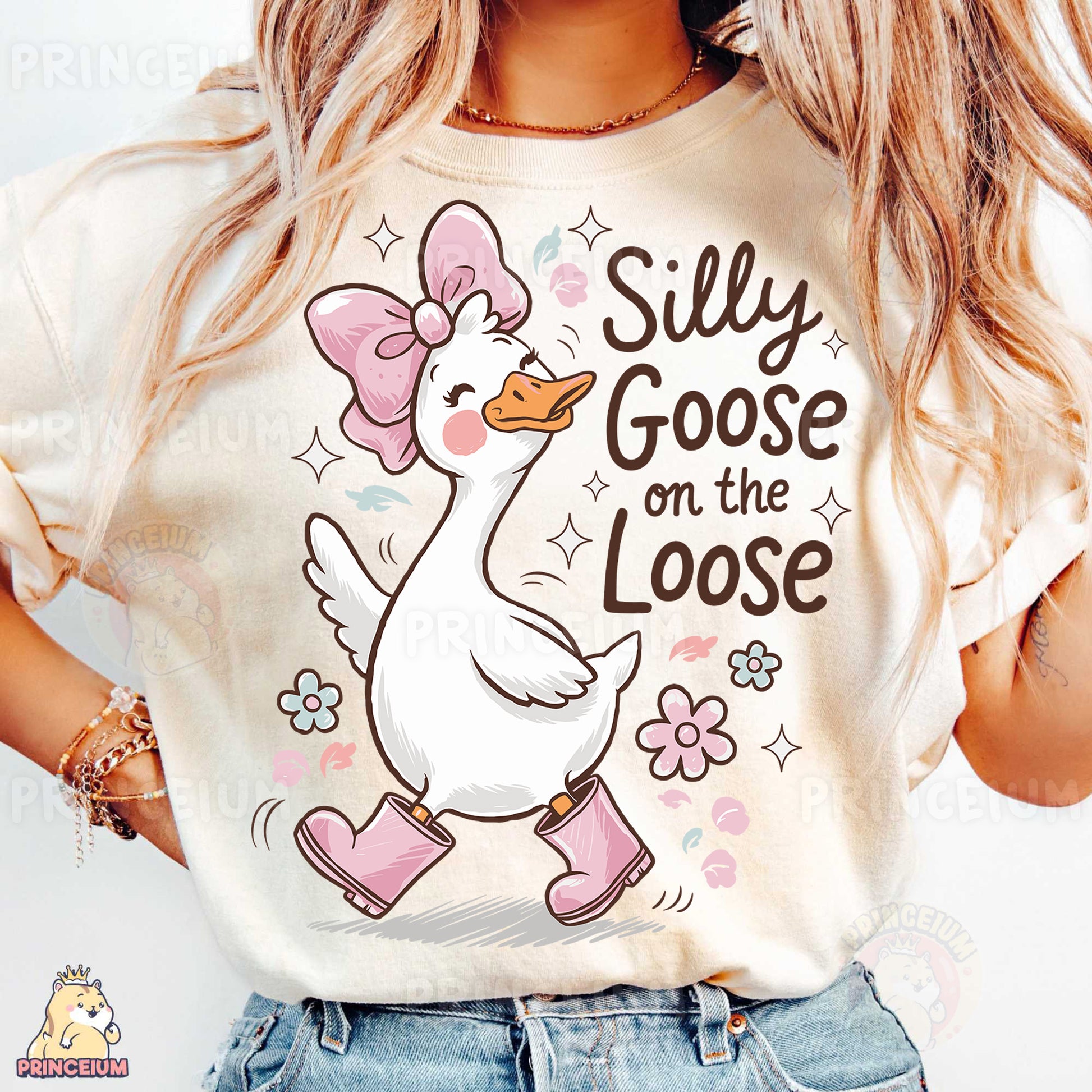 a woman wearing a silly goose on the loose t - shirt