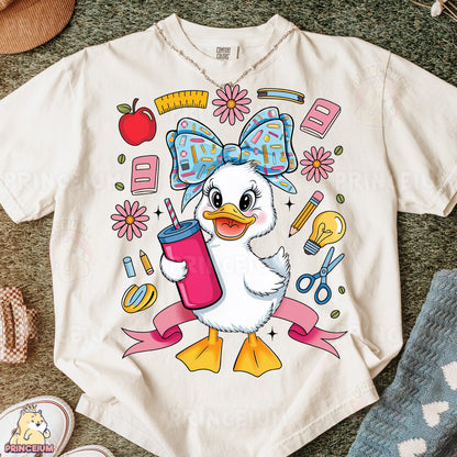 a white t - shirt with a cartoon duck holding a drink