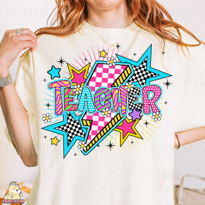 a woman wearing a t - shirt that says teacher