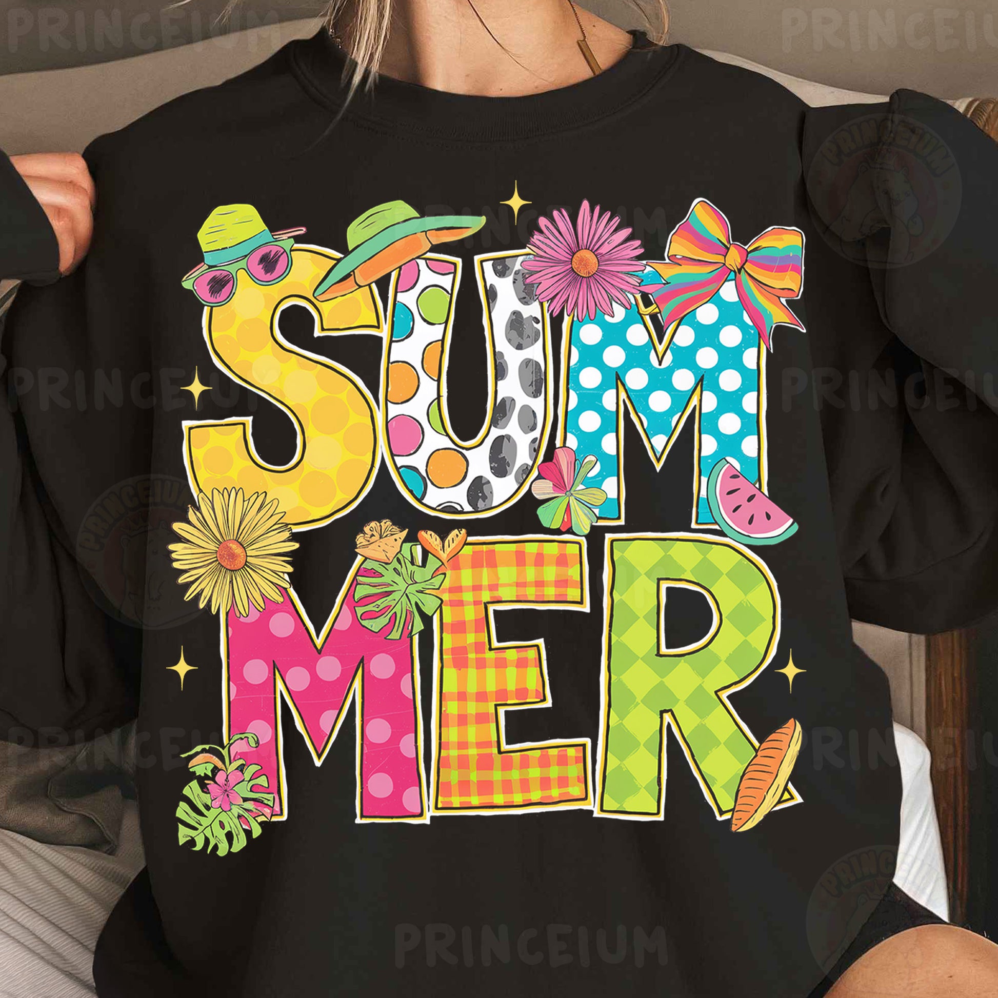 a woman wearing a black shirt that says summer