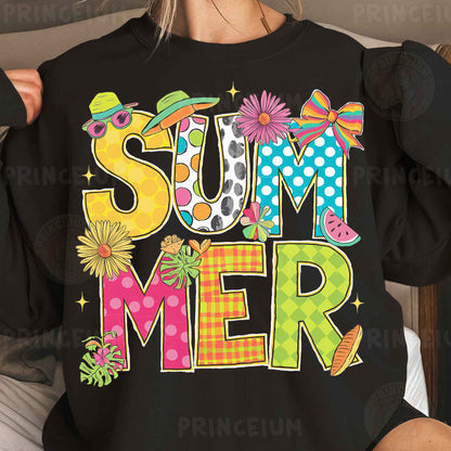 a woman wearing a black shirt that says summer