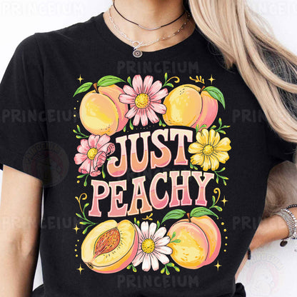 a woman wearing a t - shirt that says just peachy