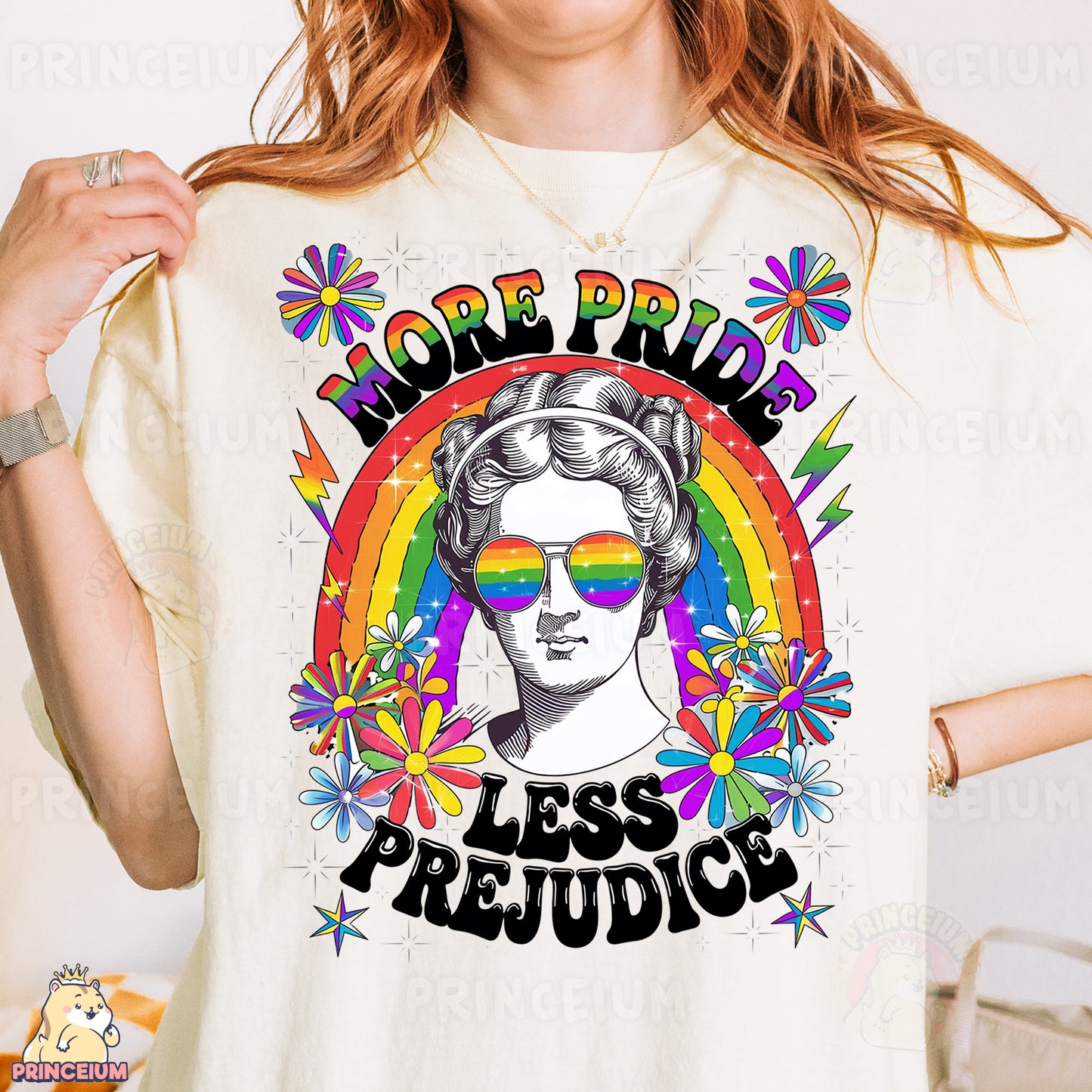 a woman wearing a t - shirt that says more pride less pride