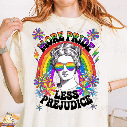 a woman wearing a t - shirt that says more pride less pride