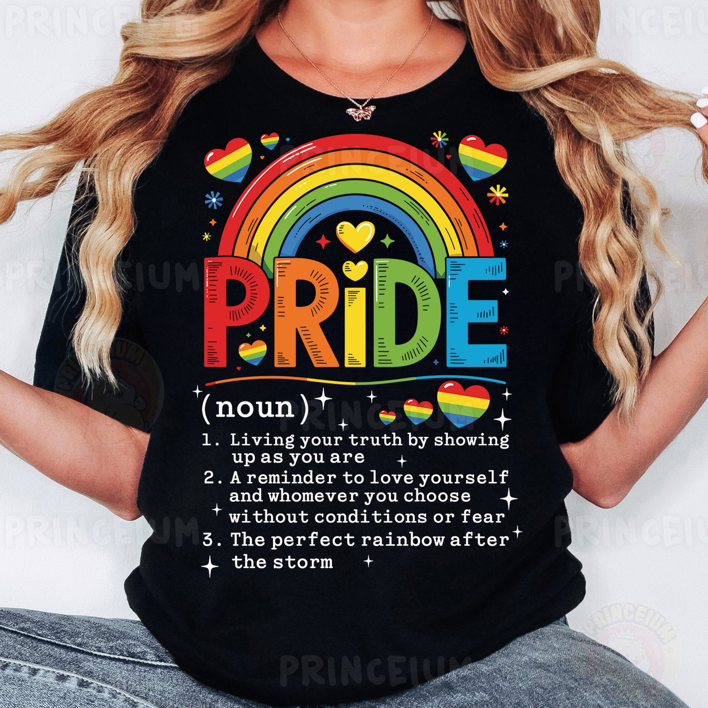 a woman wearing a black pride t - shirt